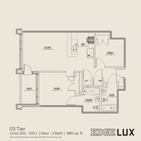 A floor plan for a 2 bedroom, 2 bathroom apartment sized 880 sq. ft.